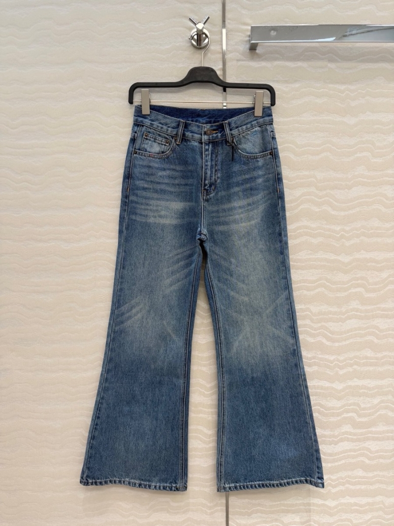 Celine Vintage Wash Imported Denim Slight Flare Jeans with Signature Leather Patch
