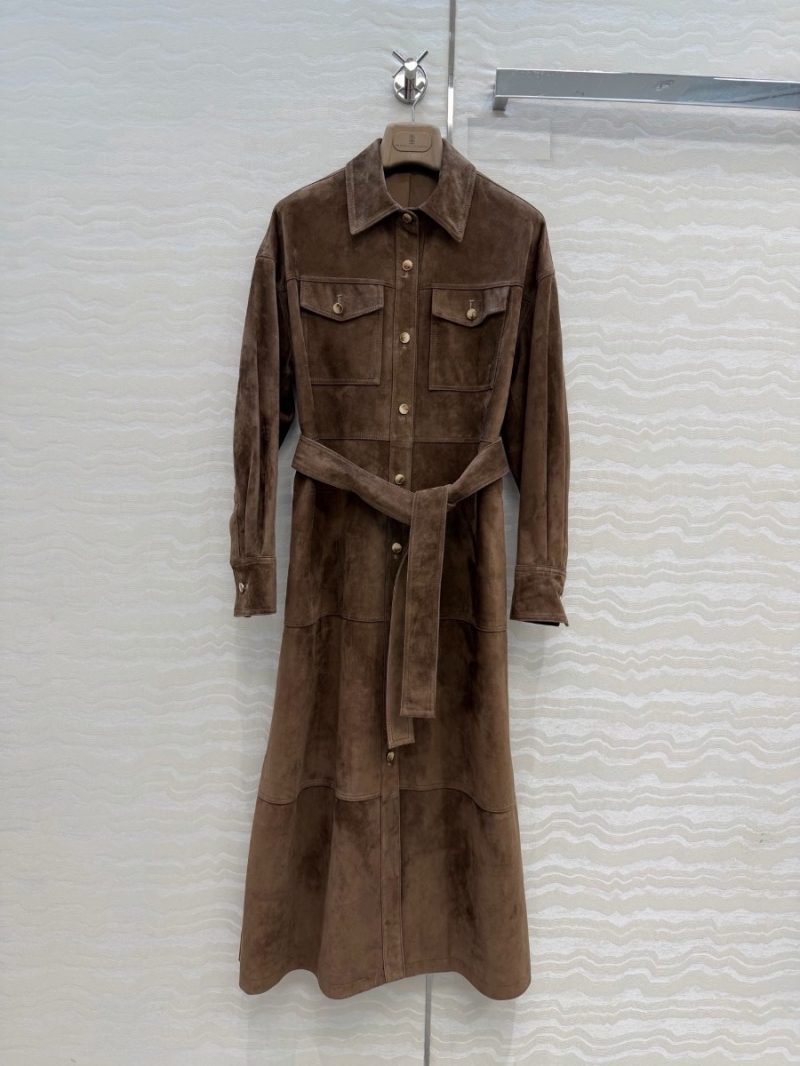 Brunello Cucinelli 100% Imported Suede Lambskin Belted Long Coat in Light Coffee