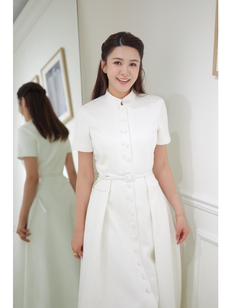 Dior 2025FW Embossed Jacquard Stand Collar Ivory Midi Dress