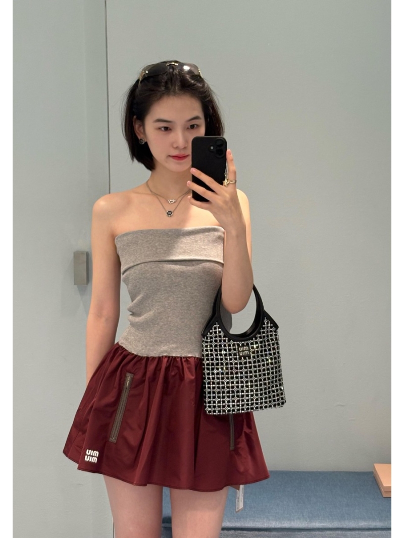 Miu Miu Strapless Two-Tone Technical Mini Dress in Heather Grey and Burgundy