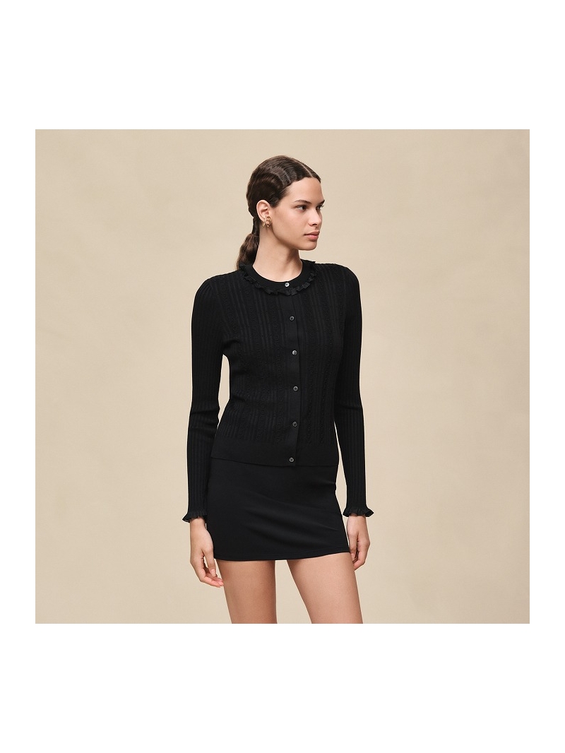 Hermès Elevated Black Twisted Knit Cardigan with Exquisite Ruffle Trim