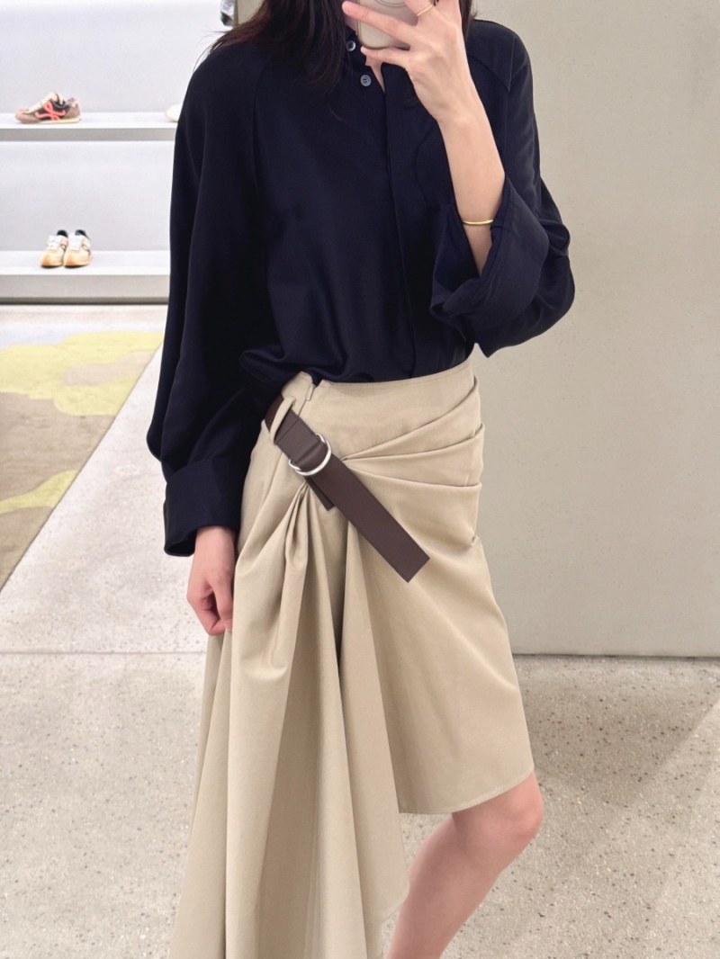 Loewe Asymmetrical Deconstructed Pleated Midi Skirt in Sand Beige