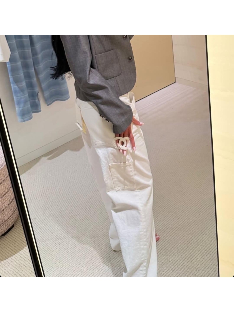 Chanel High-Waisted Wide-Leg Utility Trousers in Off-White