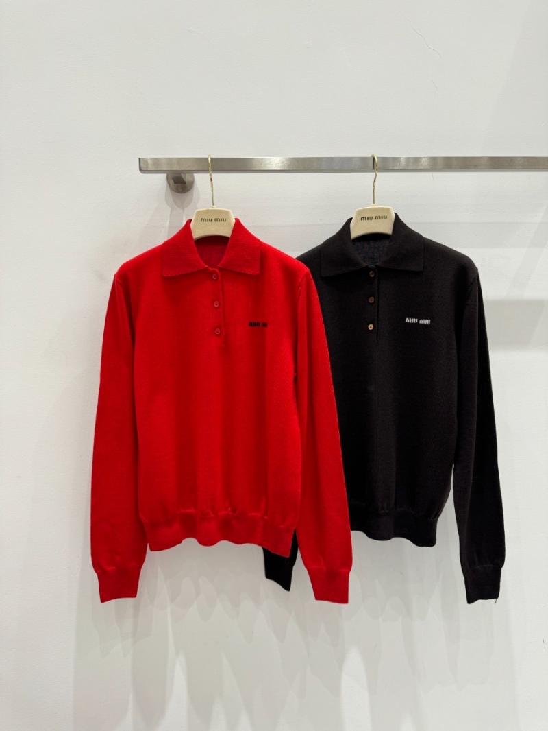 Miu Miu Sheep Wool Long-Sleeve Polo Sweater in Deep Brown