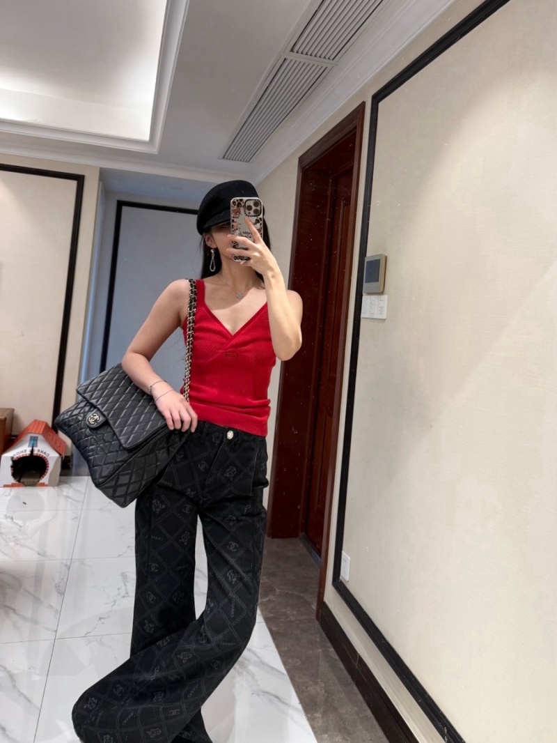 Miu Miu Scalloped Red Knit Camisole Top with Signature Logo Patch