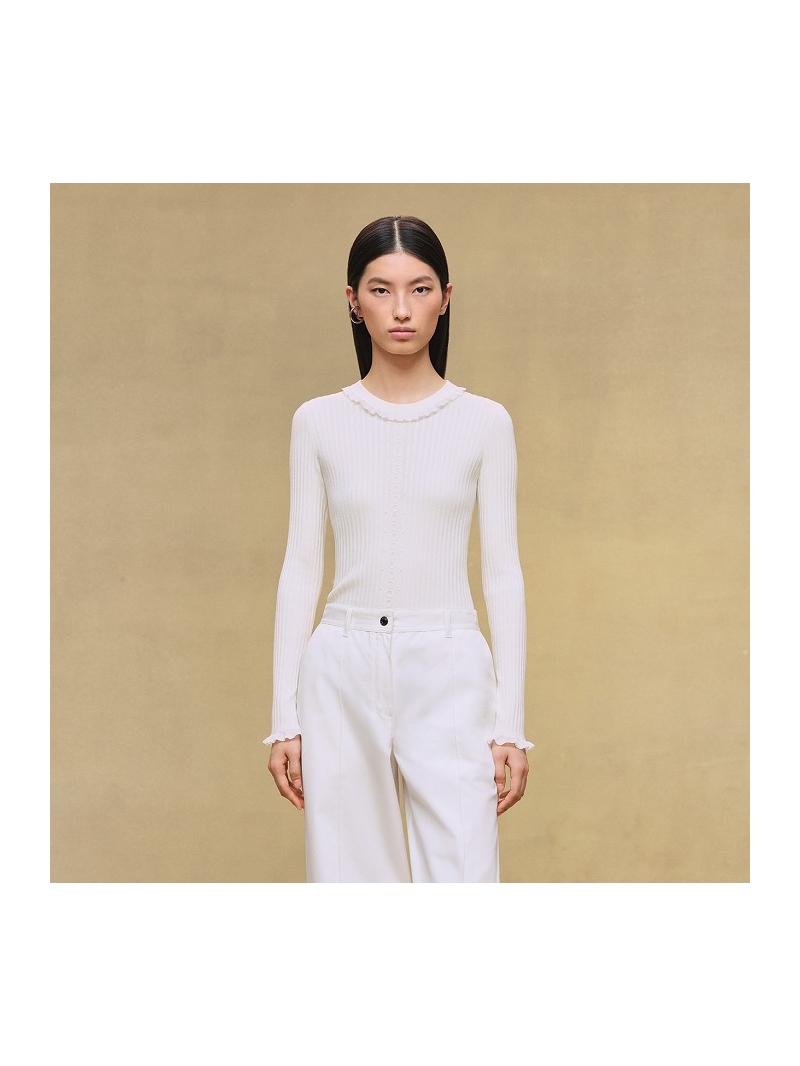 Hermes Ruffle-Trimmed Rib-Knit Vertical Chain-Link Top in Ivory