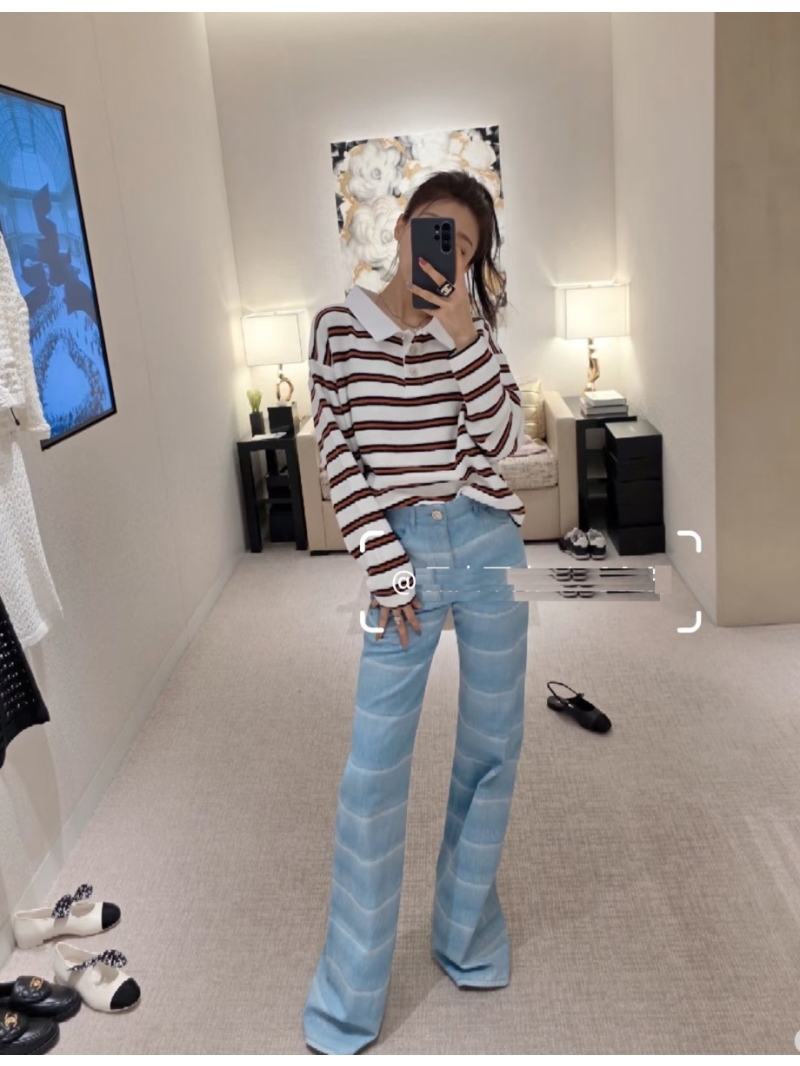 Chanel Striped Long-Sleeved Knit Polo Shirt in White, Rust-Brown and Black