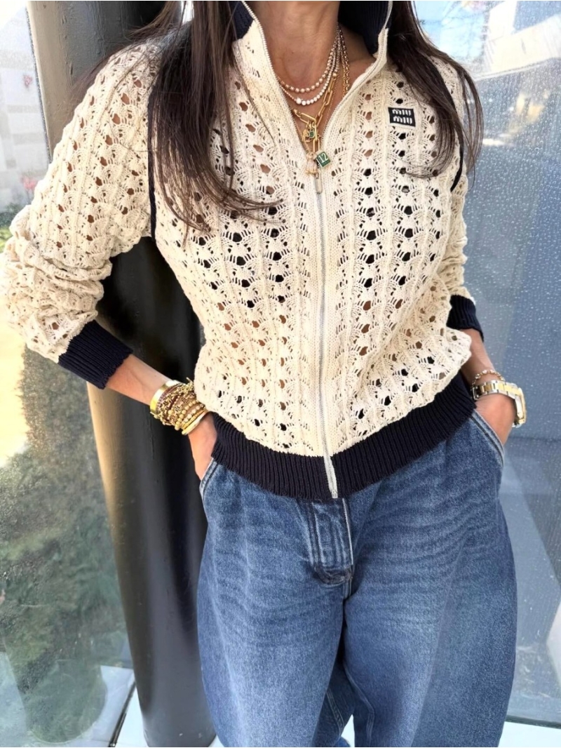 Miu Miu Scalloped Open-Knit Wool Zip-Up Jacket in Ivory and Black