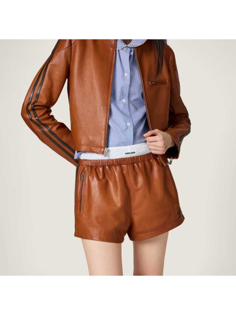 Miu Miu Cropped Vegetable-Tanned Lambskin Flight Jacket in Cognac