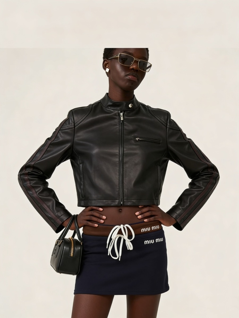 Miu Miu 100% Imported Vegetable-Tanned Lambskin Cropped Flight Jacket with Contrast Webbing