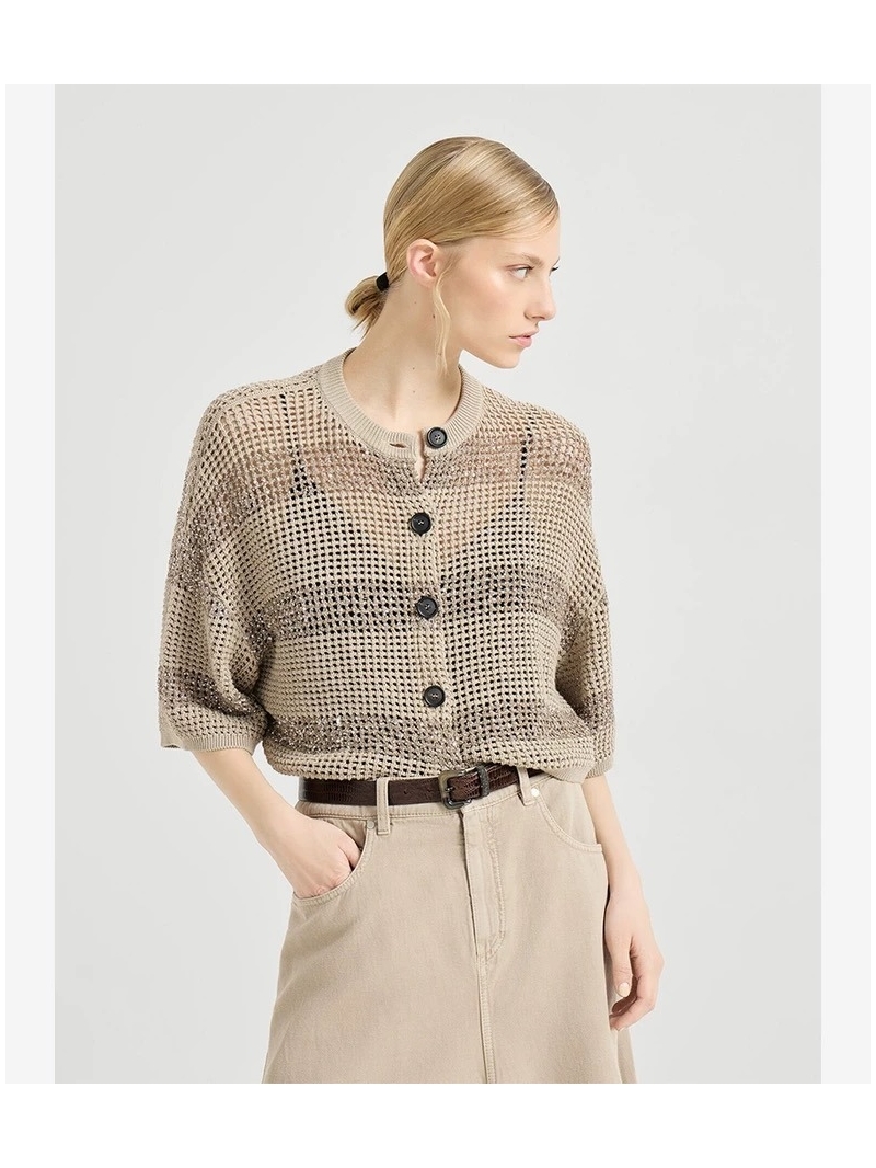 Brunello Cucinelli Sequin-Infused Mesh Knit Striped Cardigan in Cream and Taupe