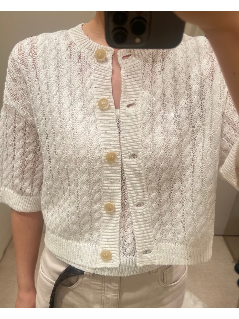 Brunello Cucinelli Italian Beaded Yarn Cable-Knit Short-Sleeved Cardigan in Cream