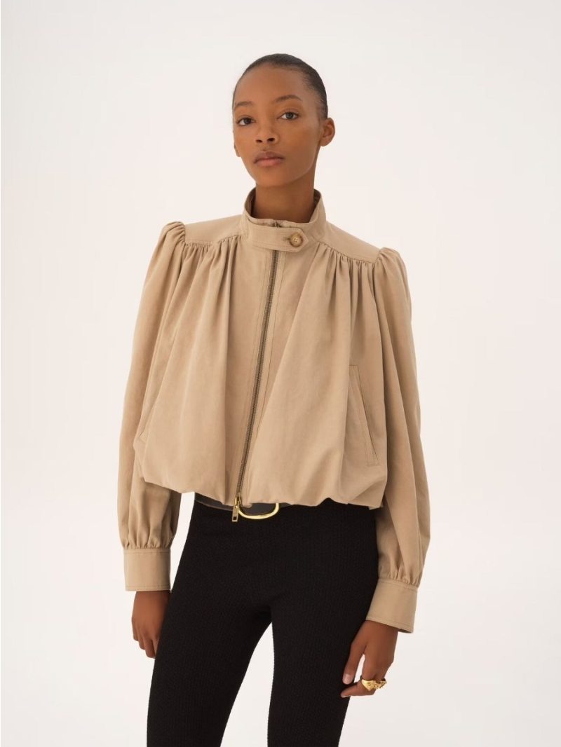 Chloe 100% Cotton Canvas Pleated Cropped Lantern Sleeve Jacket in Beige