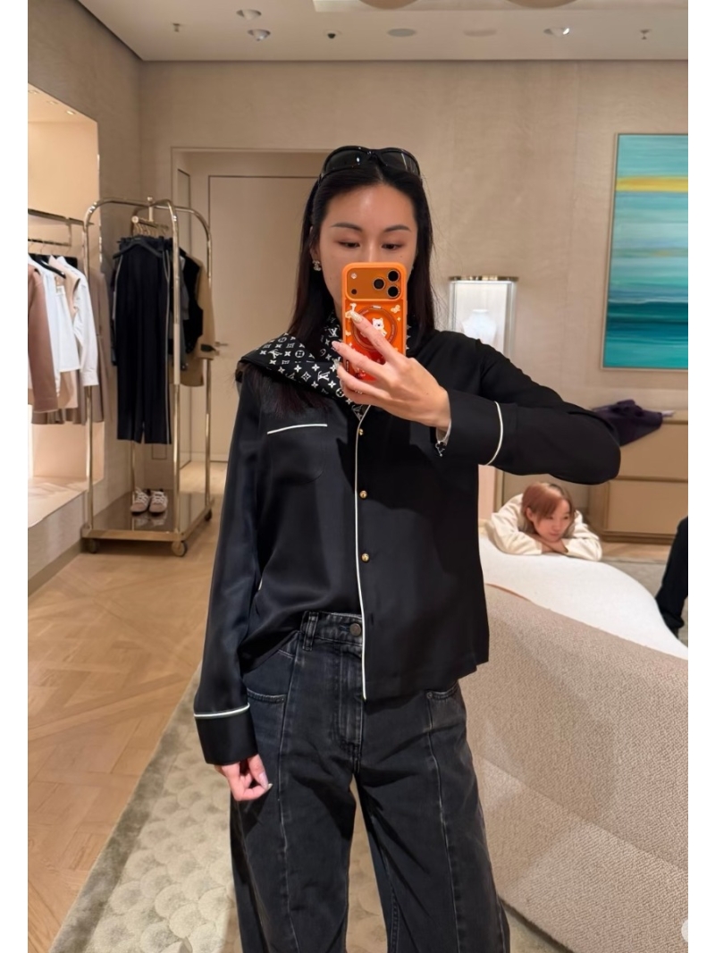 Louis Vuitton Exquisite Monogram Print Silk Twill Scarf Blouse in Black