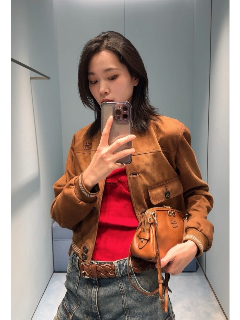 Miu Miu Canelé Brown 100% Suede Lambskin Cropped Jacket with Varsity Ribbed Trim