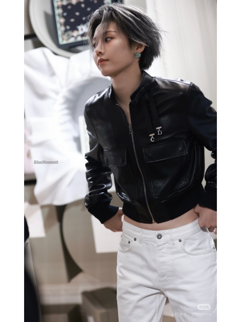 Dior Imported 100% Lambskin Leather Bow-Tie Cropped Bomber Jacket in Black Limited Edition