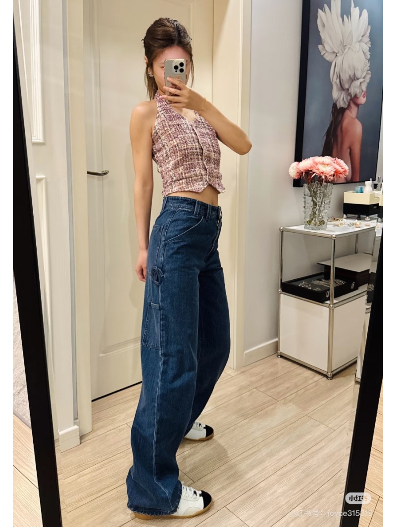 Chanel High-Waisted Wide-Leg Carpenter Jeans in Washed Indigo Blue - Bow Series