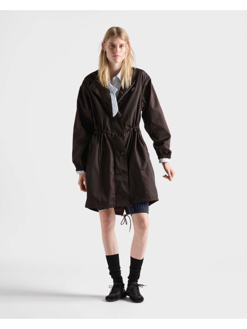 Prada Signature Re-Nylon Drawstring Waist Long Coat in Mahogany