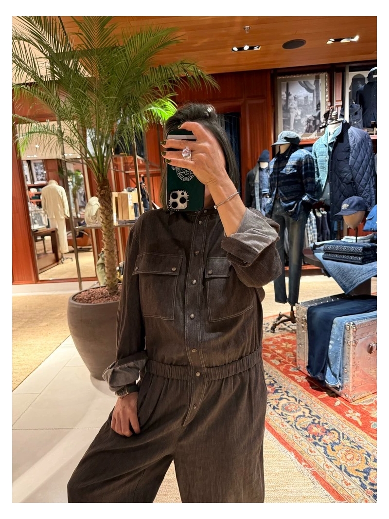 Brunello Cucinelli Shimmering Cotton Denim Utility Jumpsuit in Espresso