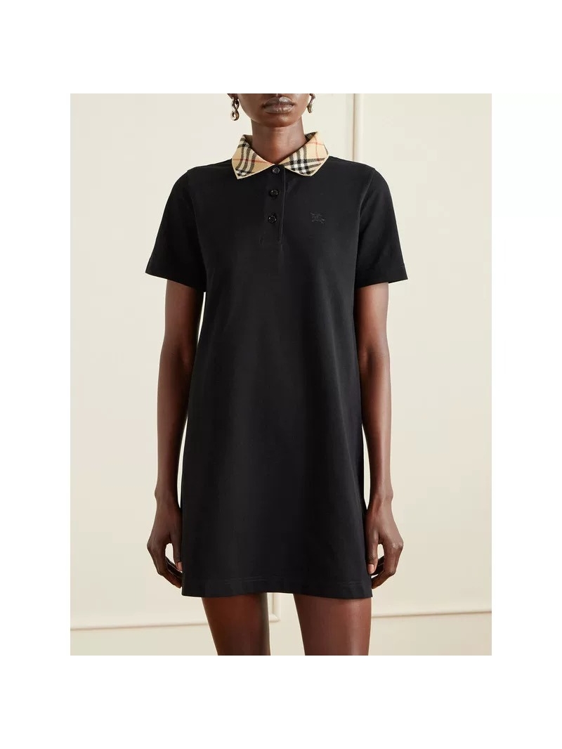 Burberry Piqué Cotton Polo Dress with Iconic Check Collar in Black