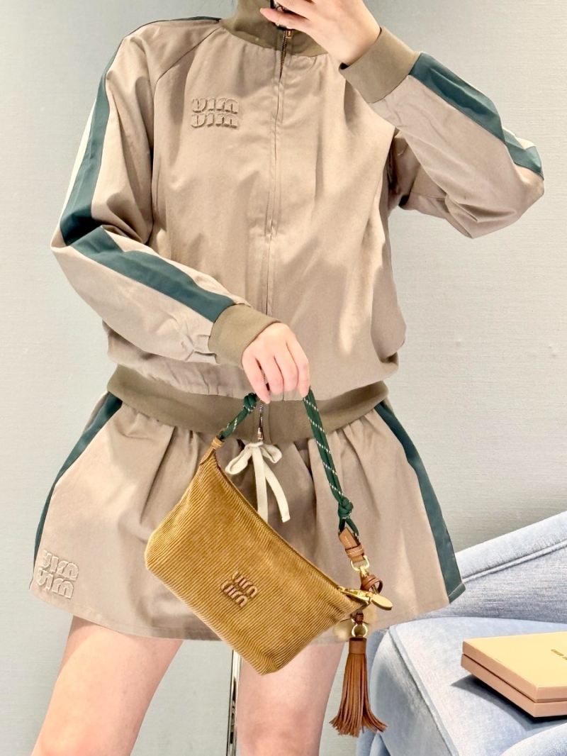 Miu Miu Khaki Retro Logo Zip-Up Jacket with Contrast Stripes