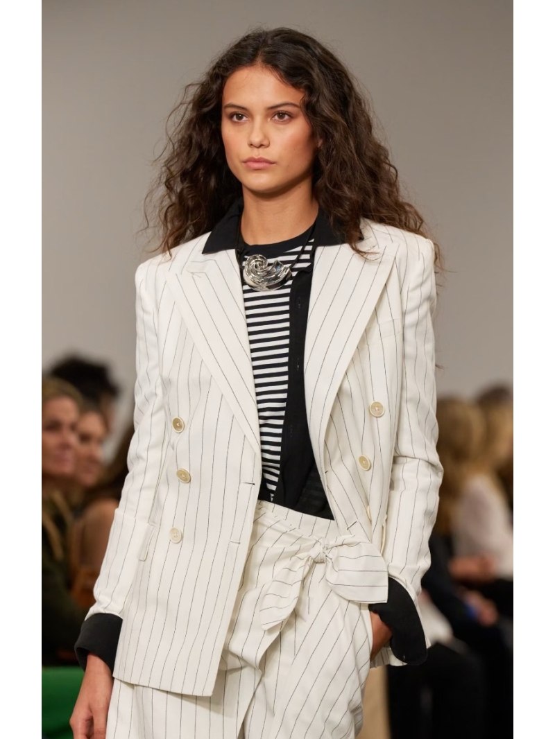 Ralph Lauren Tencel-Linen Blend Pinstripe Double-Breasted Tailored Blazer