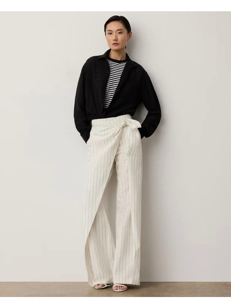 Ralph Lauren Exquisite Tencel-Linen Blend Pinstripe Wrap Trousers