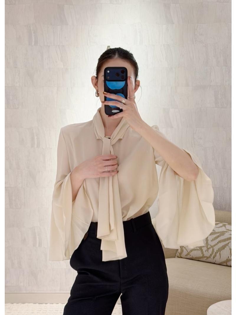 Louis Vuitton Signature Monogram 100% Silk Pussy-Bow Blouse with Lotus Leaf Sleeves in Cream