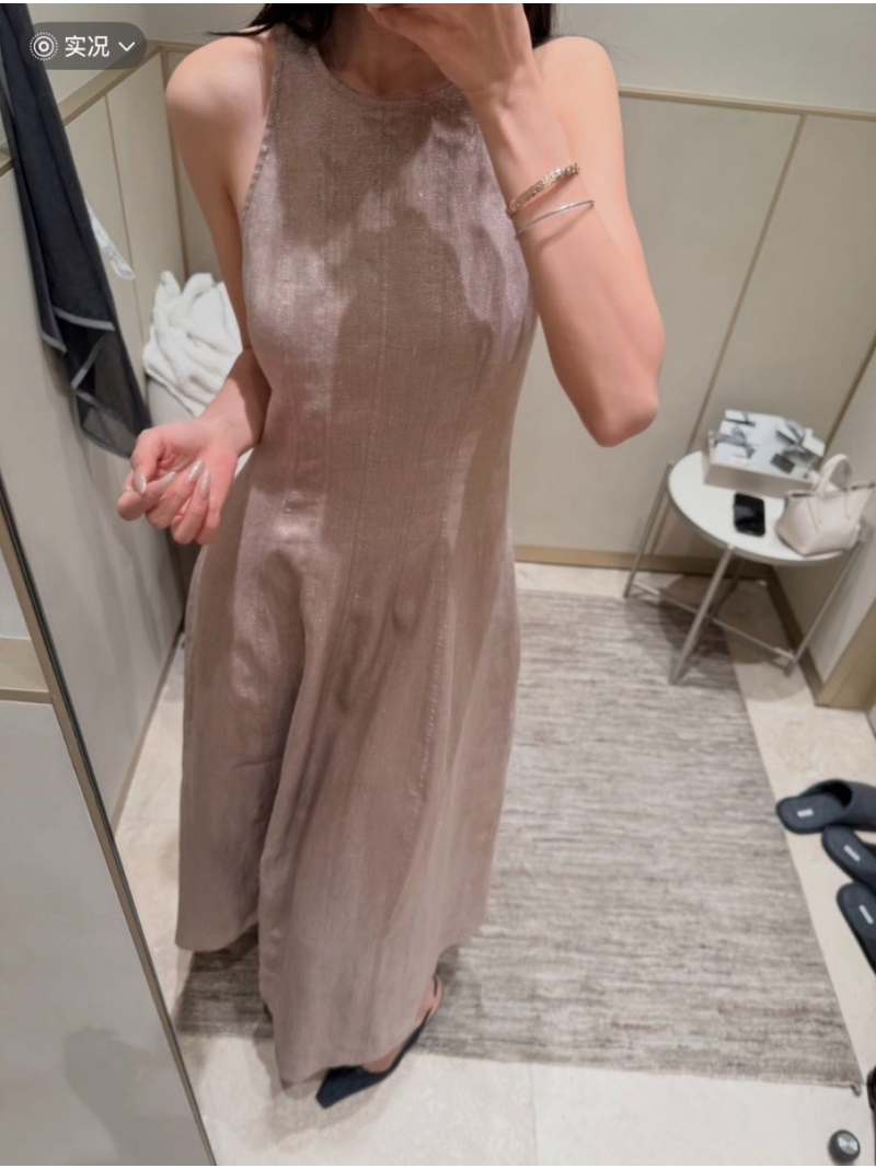 Brunello Cucinelli Shimmering Linen Sleeveless A-Line Maxi Dress in Khaki