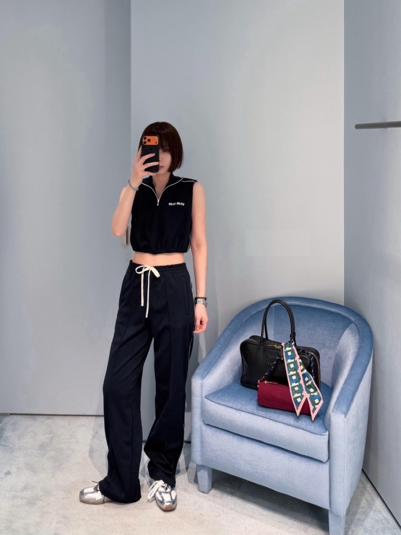 Miu Miu Wide-Leg Athletic Trousers with Contrast Side Stripes in Deep Navy