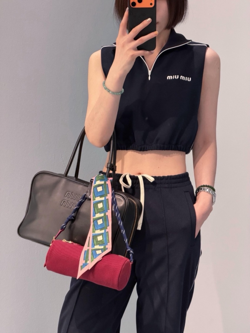 Miu Miu Sleeveless Half-Zip Cropped Technical Jersey Sweatshirt in Dark Navy