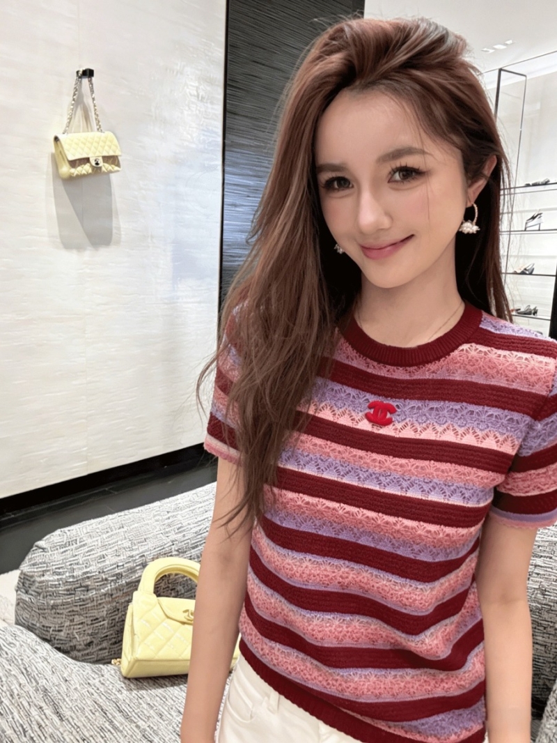 Chanel Signature Pointelle Knit Striped Short-Sleeve Top in Burgundy and Lilac