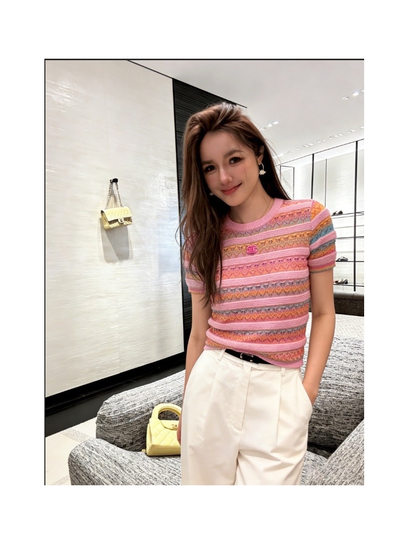 Chanel Pointelle Knit Short-Sleeve Top - Pastel Rainbow Stripes, Signature CC Logo, Breathable Luxury Summer Sweater