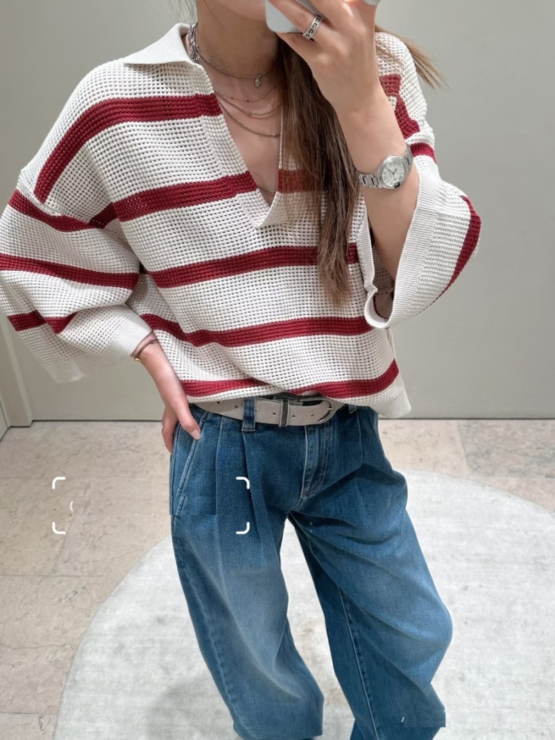 Brunello Cucinelli Italian Imported Yarn Striped Hollow-Out Polo Knit Sweater in Cream and Burgundy