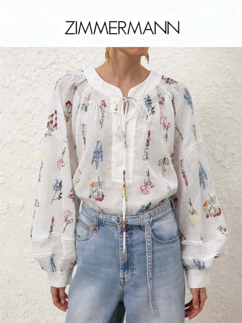 Zimmermann Exquisite Silk-Linen Floral Embroidered Pastoral Blouse in Off-White