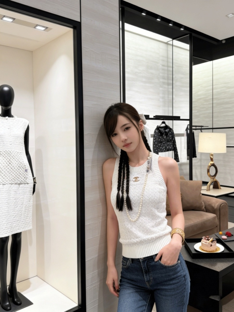 Chanel Signature Shimmering Sequin Textured Knit Vest in Ivory