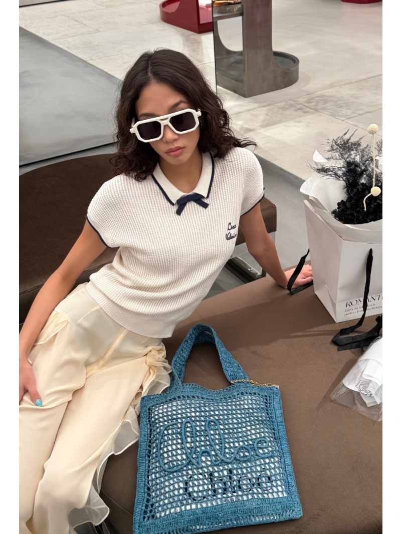 Valentino Cotton Viscose Pointelle Knit Peter Pan Collar Short Sleeve Sweater in Cream and Navy Trim