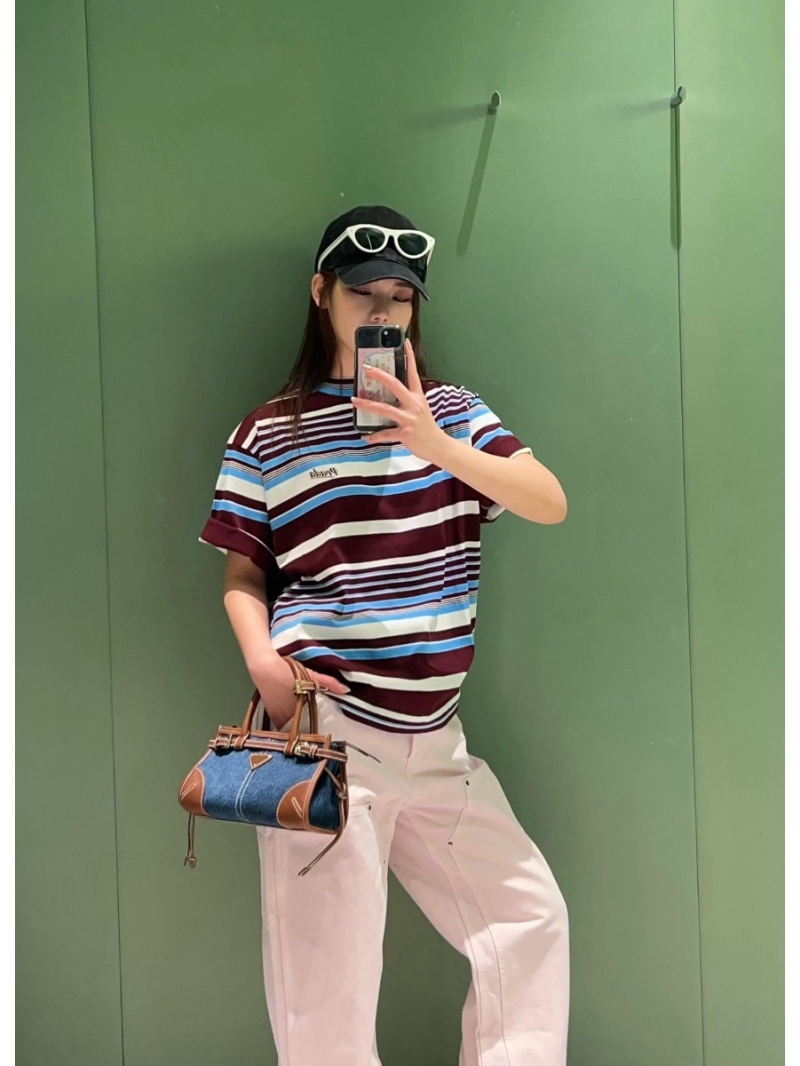 Prada Striped Cotton Short-Sleeve Knit Top in Burgundy and Sky Blue Gradient