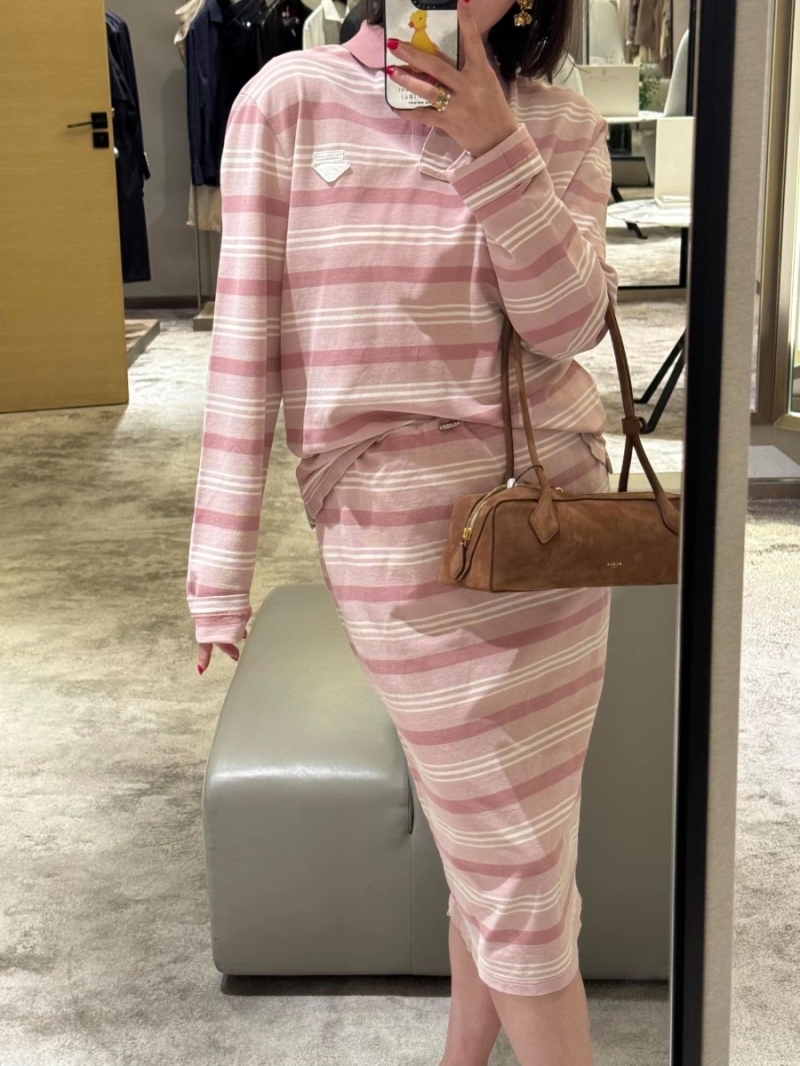 Prada Imported Piqu&eacute; Cotton Striped Intellectual Chic Long-Sleeved Polo Shirt in Pink and White