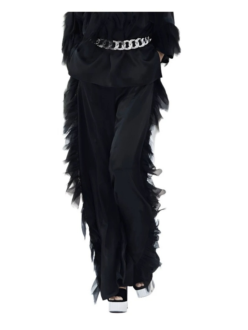 Chanel 100% Silk Satin Wide-Leg Trousers with Artisanal 3D Feather Trim