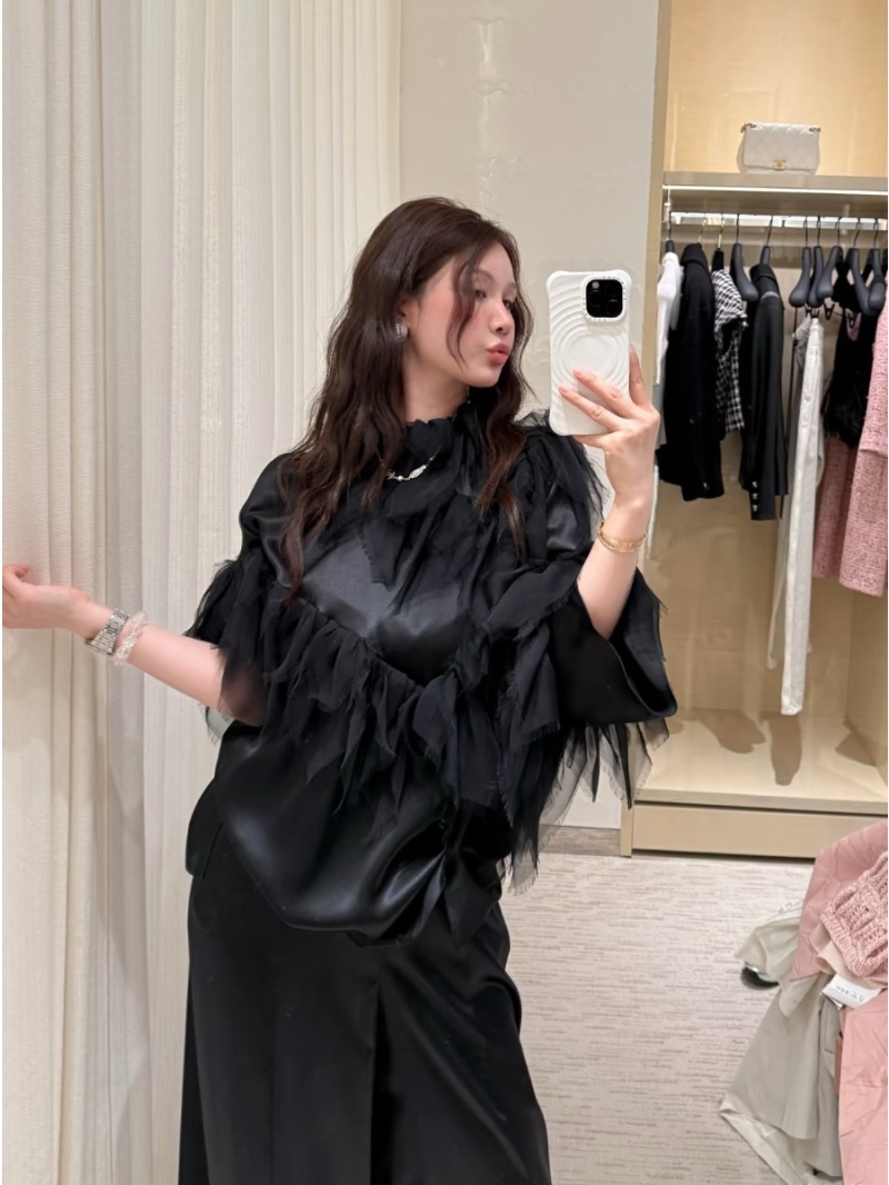 Chanel 100% Silk Satin Handmade 3D Feather Embellished Blouse in Black