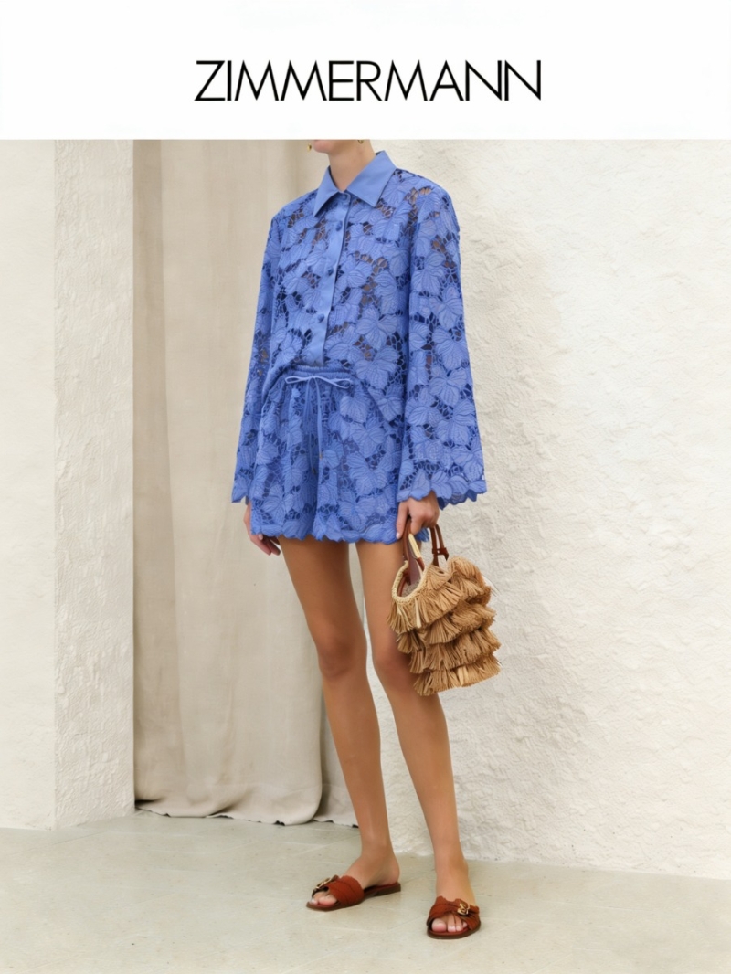 Zimmermann Exquisite Floral Guipure Lace Bell-Sleeve Shirt in Cornflower Blue