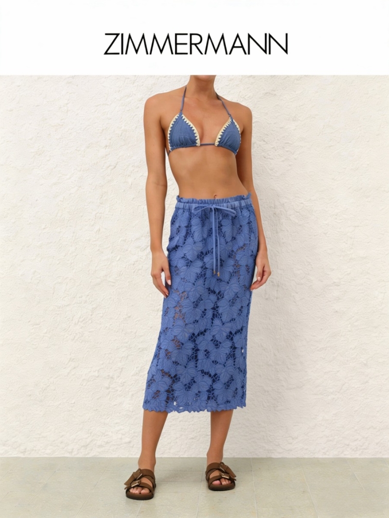 Zimmermann Exquisite Periwinkle Blue Heavy Guipure Cotton Lace Long Slit Skirt