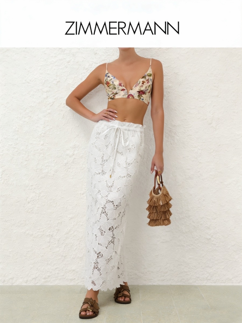 Zimmermann Guipure Lace 3D Floral Embroidery Scalloped Midi Skirt in White