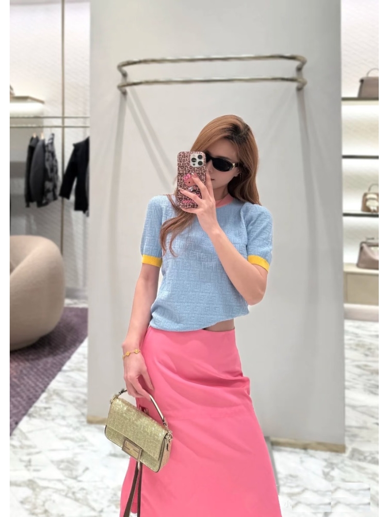 Fendi FF Monogram Cotton-Silk Knit Top in Contrast Pastel Blue