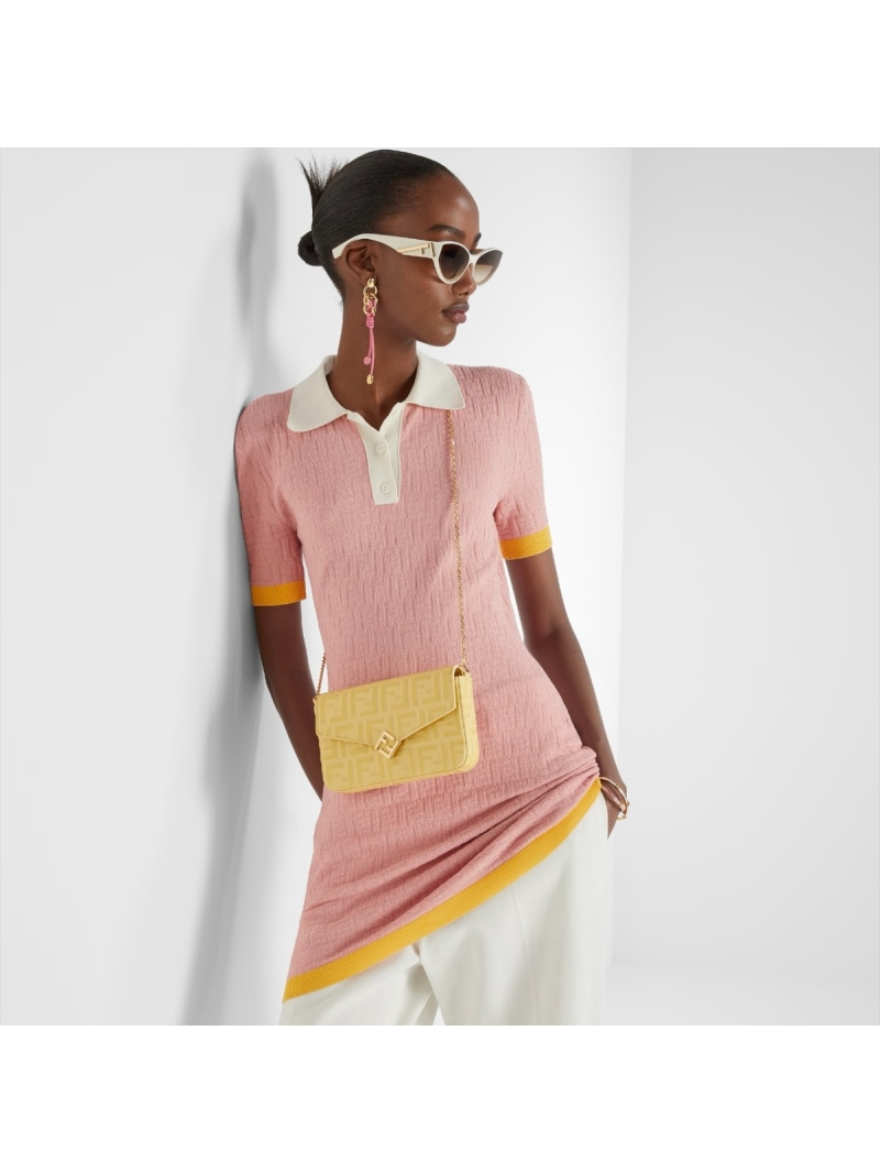 Fendi Signature FF Logo Embossed Cotton-Silk Knit Polo Dress in Pastel Pink