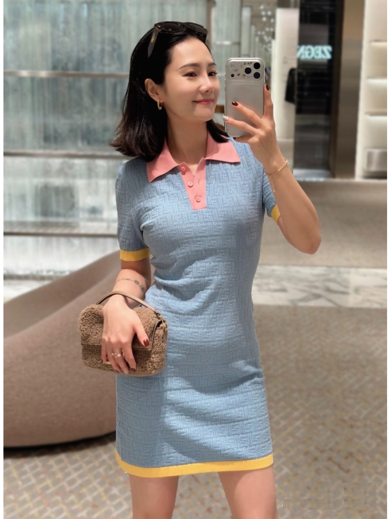 Fendi FF Monogram Color-Block Polo Mini Dress in Baby Blue, Pink, and Yellow