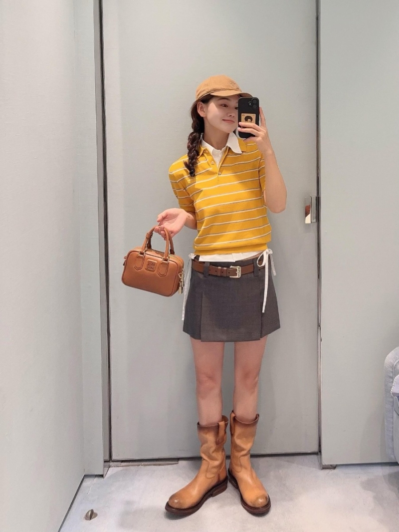 Miu Miu Striped Cotton Knit Polo Shirt in Mustard Yellow