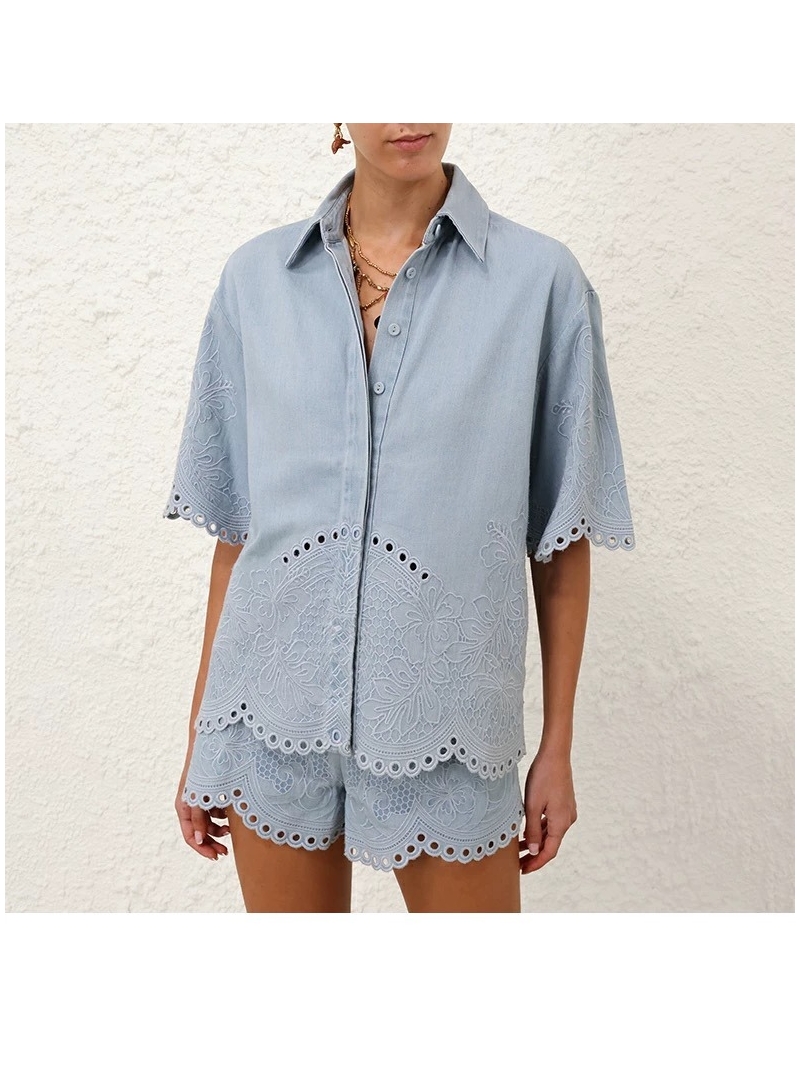 Zimmermann Exquisite Scalloped Floral Embroidered Custom Denim Shirt in Light Blue