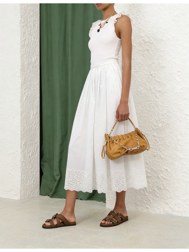 Zimmermann 100% Pure Cotton White Moonlight Heavy Embroidered Maxi Skirt